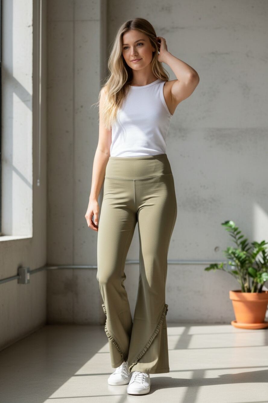 HALARA Green Pants Size XS Flare Ruffle Hem Accent Stretch NEW